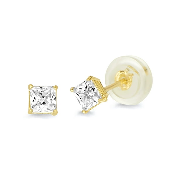 Wellingsale 14K Yellow Gold Polished 3mm Princess Solitaire Diamond Cut Stud Earrings With Screw Back 